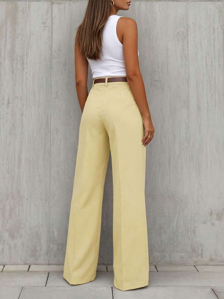 Simone High-Waist Pleated Wide-Leg Trousers with Pockets - Mustard Yellow