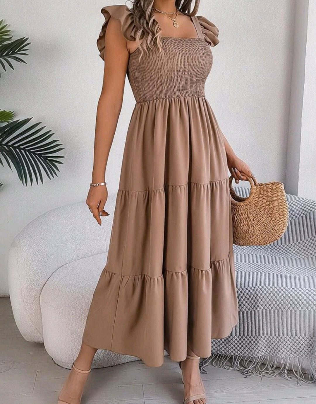 Olivia Taupe Smocked Square Neck Tiered Midi Dress Mensa