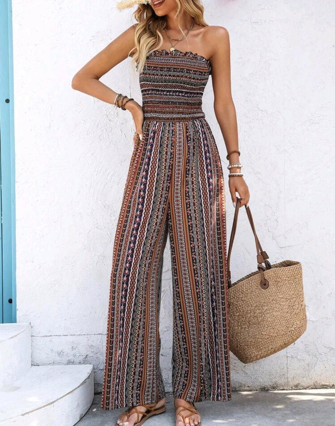 Elena Smocked Strapless Wide Leg Jumpsuit Summer Mensa