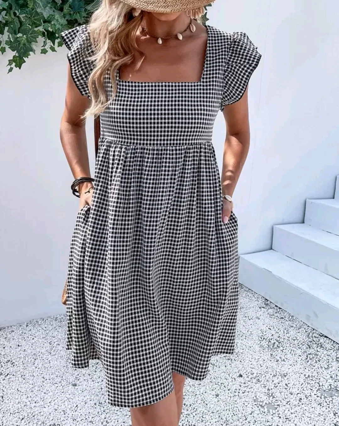 Elena Gingham Square Neck Flutter Sleeve Midi Dress Summer Mensa