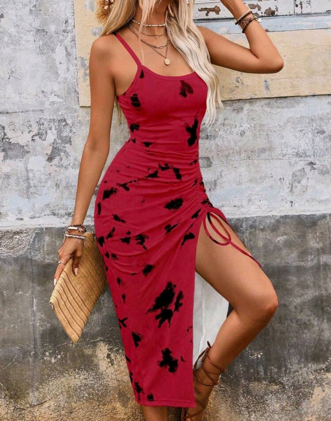 Luna Red Tie Dye Ruched Midi Dress Summer Mensa