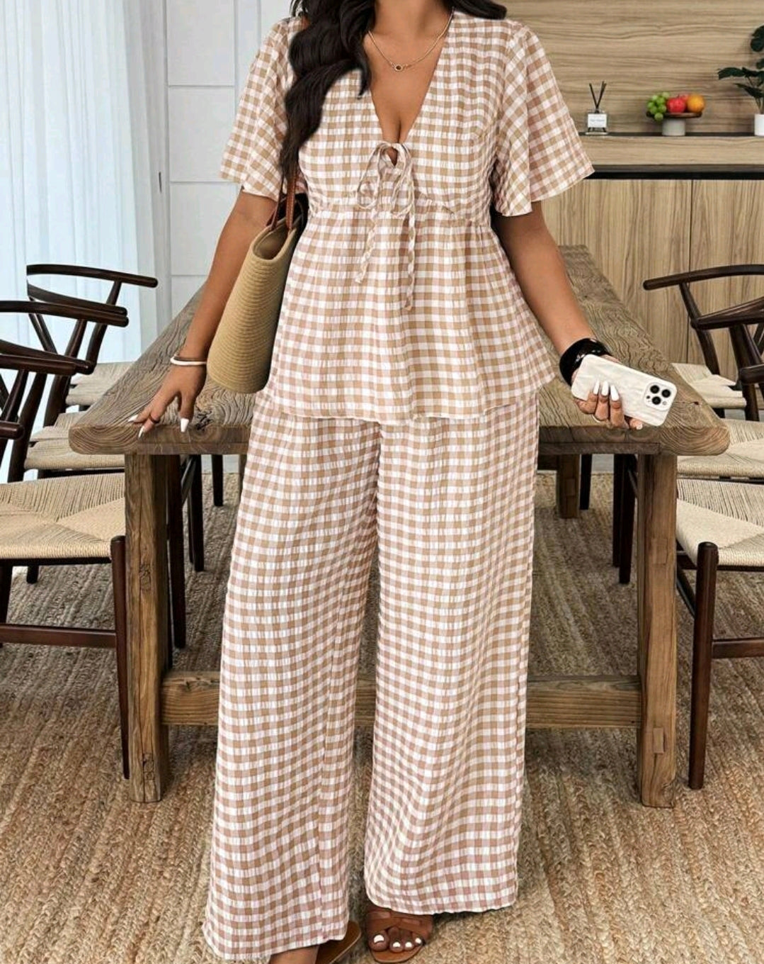 Sophia Gingham Peplum Wide Leg Pants Set Summer Mensa