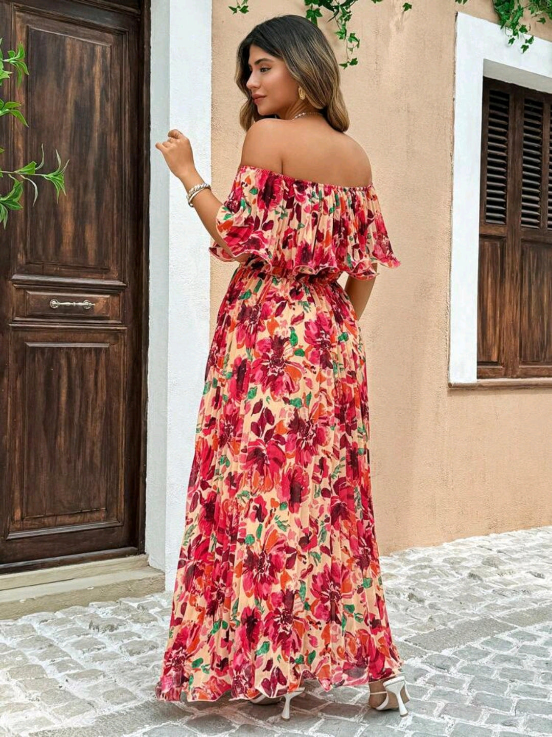 Isabella Red Floral Off Shoulder Ruffle Maxi Dress Summer Mensa