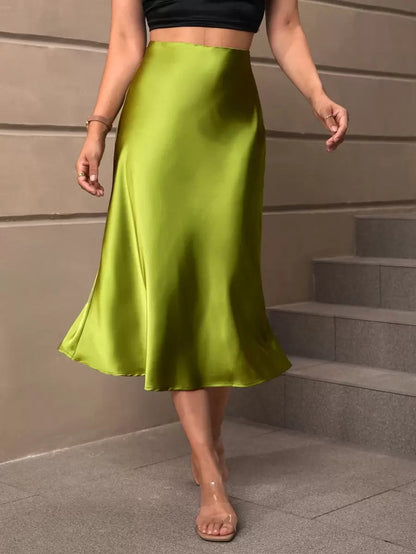 Sloane Silky Satin High-Waist Flared A-Line Midi Skirt - Lime Green