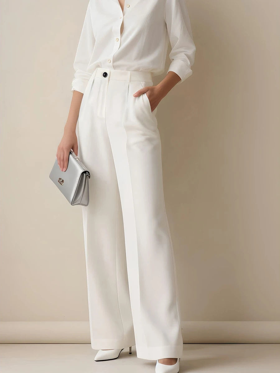 Simone High-Waist Pleated Wide-Leg Trousers with Pockets - White