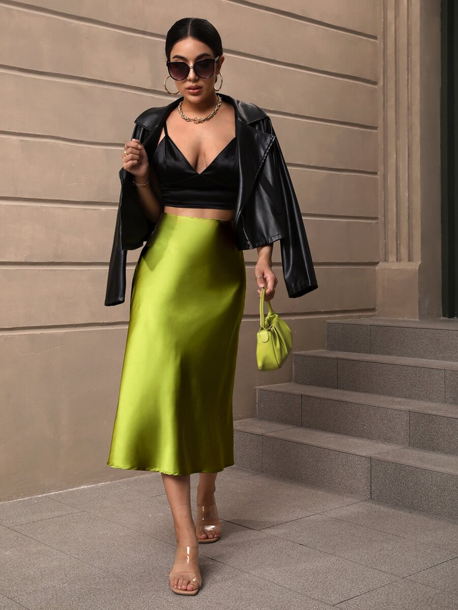 Sloane Silky Satin High-Waist Flared A-Line Midi Skirt - Lime Green