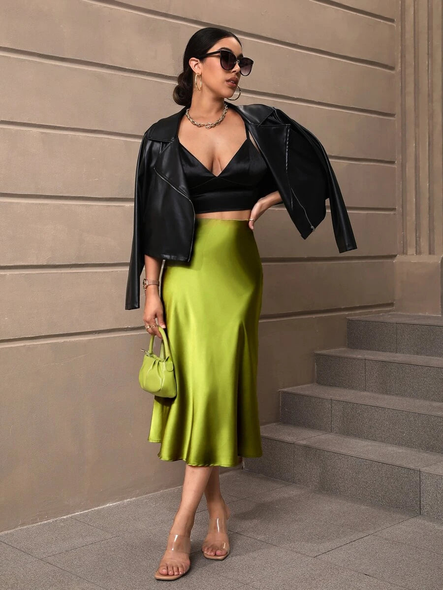 Sloane Silky Satin High-Waist Flared A-Line Midi Skirt - Lime Green
