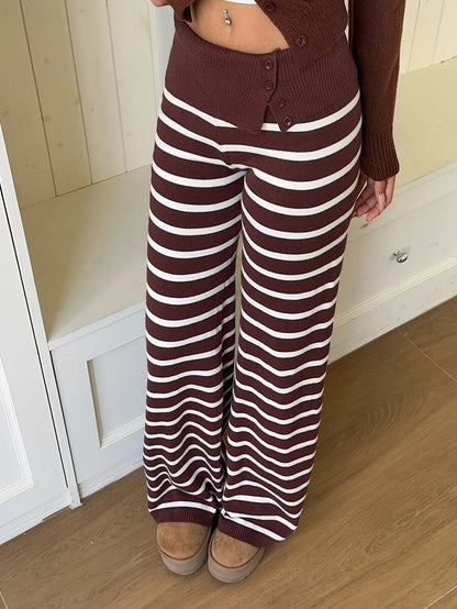 Rosalba Ribbed Knit Fold-Over Waist Flare Pants - Multicolor