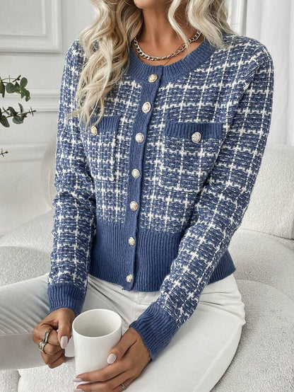 Cheltenham Plaid Tweed Look Cropped Knit Cardigan with Buttons