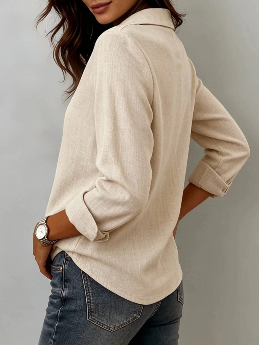Clementine Collared V-Neck Button Detail Textured Long Sleeve Top - Apricot