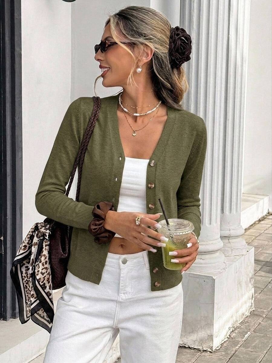 Georgiana Slim Ribbed V-Neck Button Front Knit Cardigan - Army Green