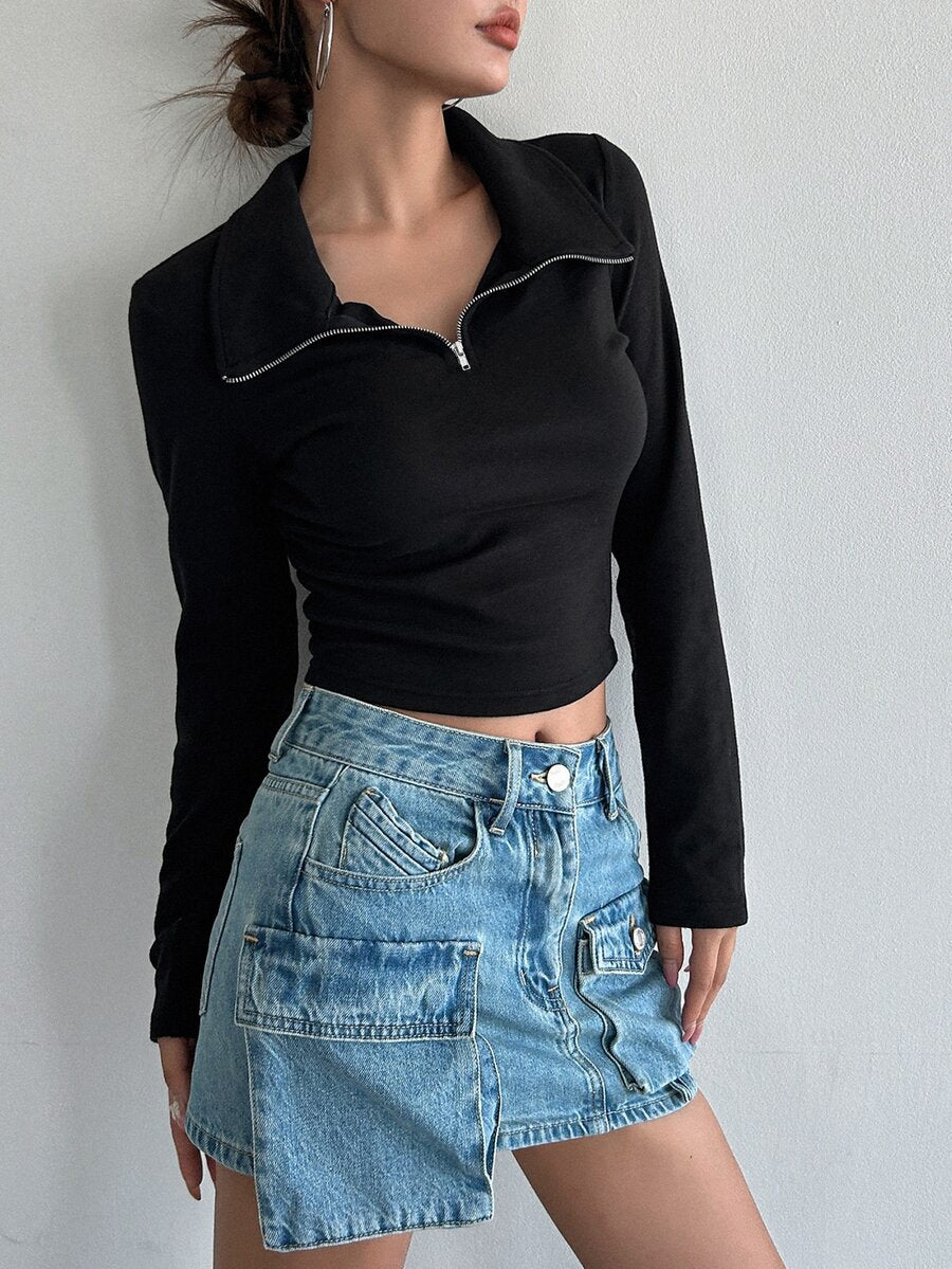Iris Solid Half Zip Crop Long Sleeve Tee - Black
