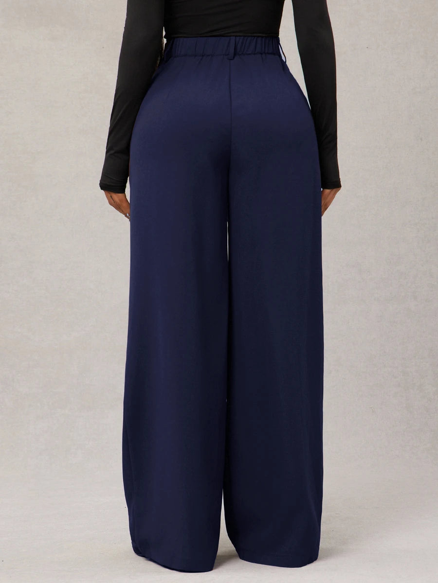 Theodora High Waist Pleated Oversized Wide Leg Suit Trousers - Navy Blue