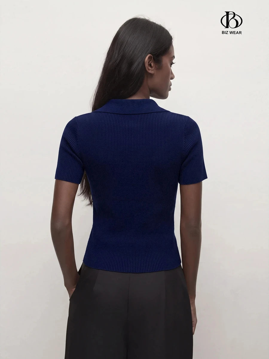 Vera Striped Short Sleeve Knit Top - Navy Blue