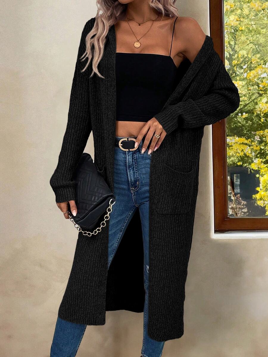 Marianne Hooded Split Hem Longline Duster Cardigan - Black