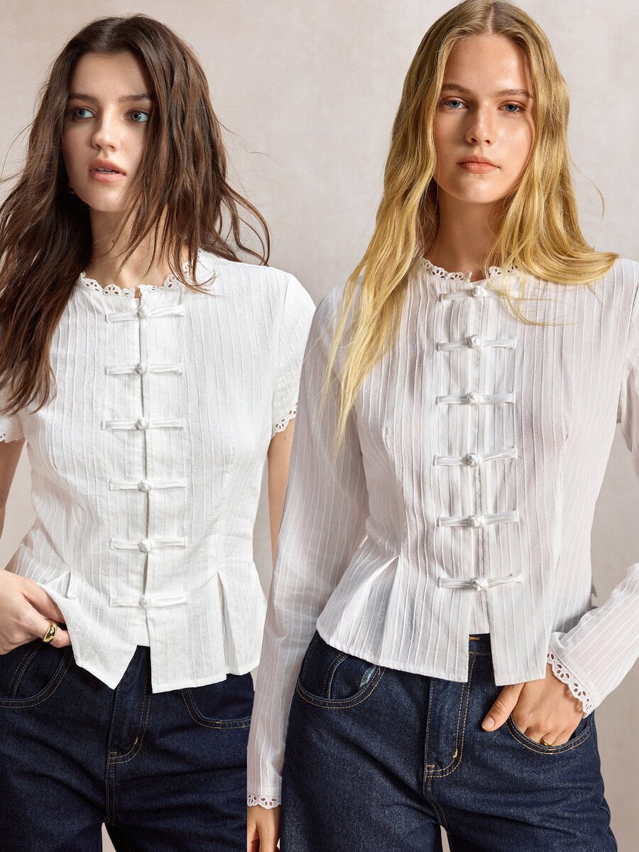 Mirabel Lace Trim Frog Button Short Sleeve Cotton Blouse - White