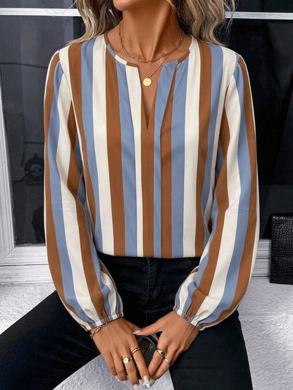 Nell Long Sleeve Blouse with Split V Neck and Lantern Sleeves - Blue Brown Stripe