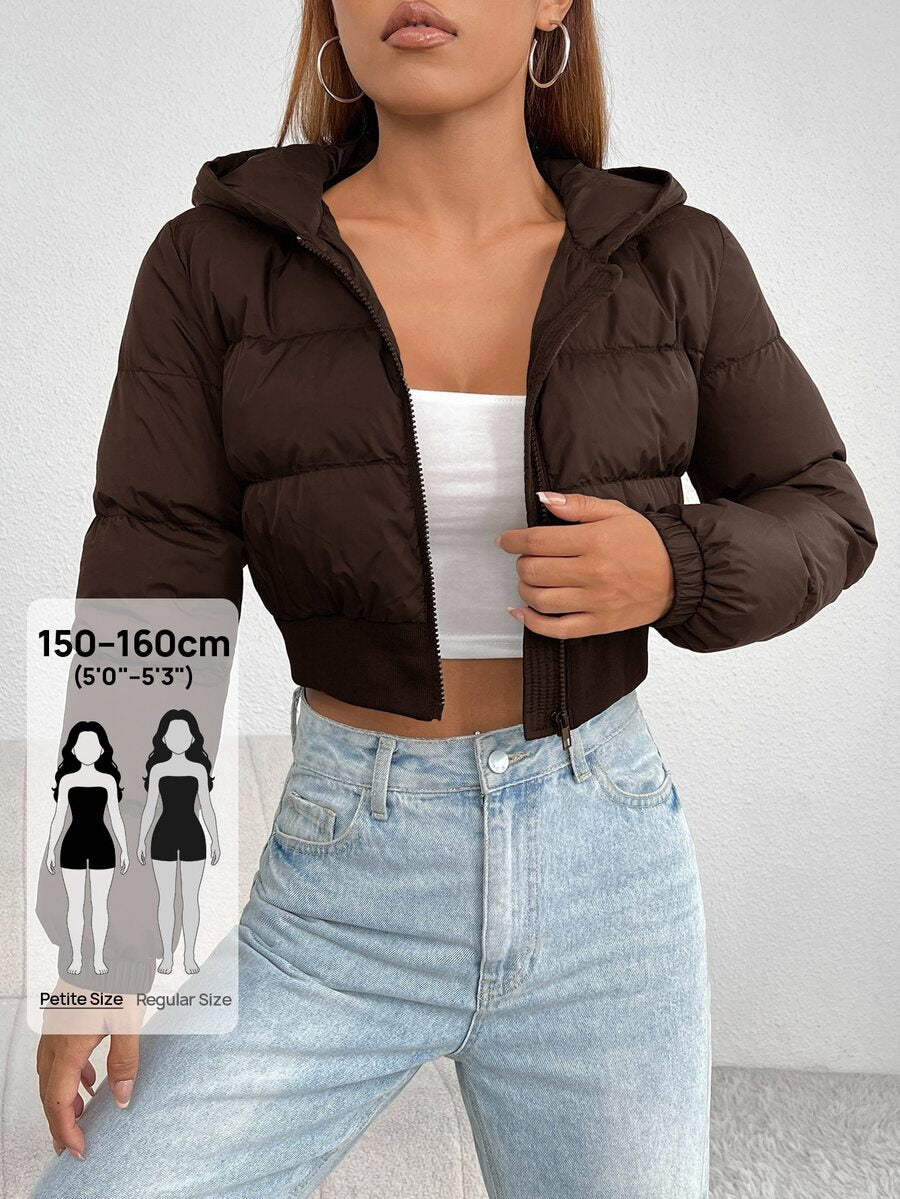 Annika Cropped Hooded Puffer Jacket with Zip Front - Chocolate Brown