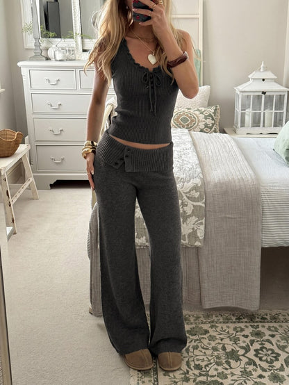 Rosalba Ribbed Knit Fold-Over Waist Flare Pants - Baby Pink