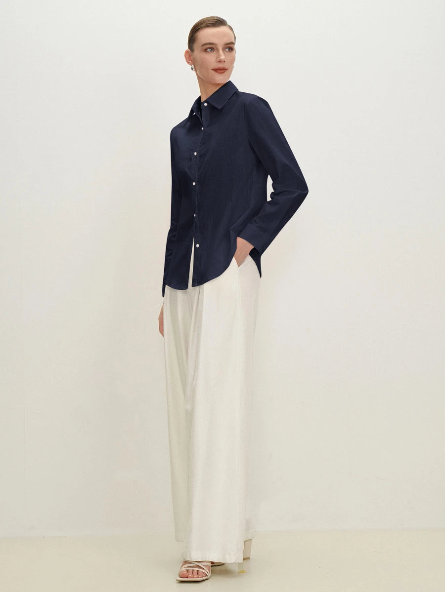 Arabella Classic Collared Button Down Long Sleeve Cotton Shirt - Navy Blue