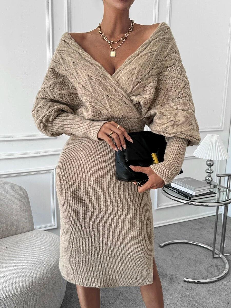 Women's Cable Knit Wrap Sweater Dress, Batwing Sleeve Knit Dress for Fall Winter - Navy Blue