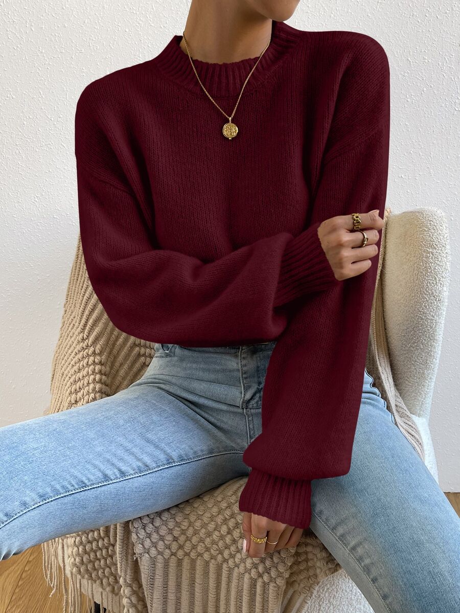 Viola Relaxed Mock Neck Sweater with Drop Shoulders - Burgundy