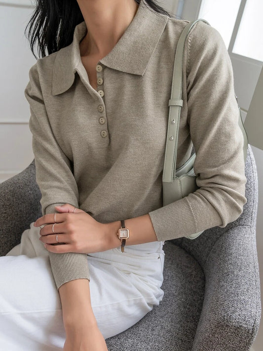 Linnea Solid Polo Button Front Long Sleeve Sweater - Grey