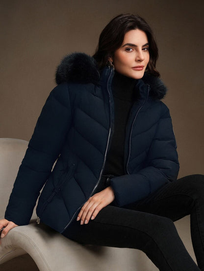 Blythe Faux Fur Trim Hooded Puffer Coat with Zip Front - Navy