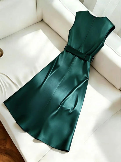 Women's Satin V-Neck Midi Dress, Fitted Silky Dress for Wedding Guest and Evening - Baby Pink