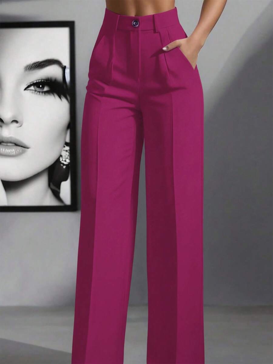 Simone High-Waist Pleated Wide-Leg Trousers with Pockets - Hot Pink