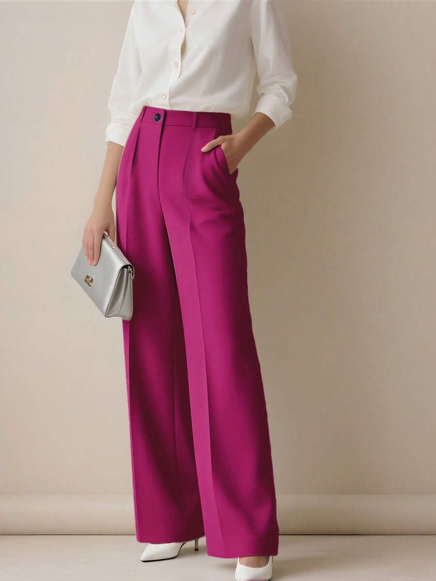 Simone High-Waist Pleated Wide-Leg Trousers with Pockets - Hot Pink