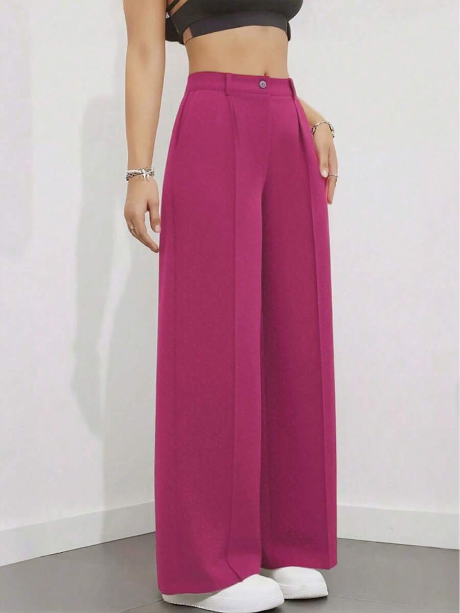 Simone High-Waist Pleated Wide-Leg Trousers with Pockets - Hot Pink