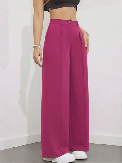 Simone High-Waist Pleated Wide-Leg Trousers with Pockets - Hot Pink