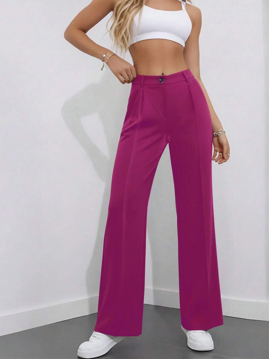 Simone High-Waist Pleated Wide-Leg Trousers with Pockets - Hot Pink