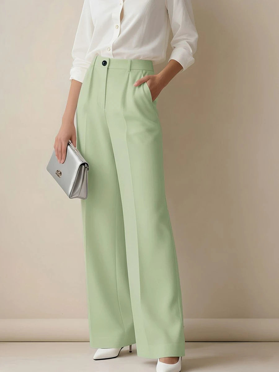 Simone High-Waist Pleated Wide-Leg Trousers with Pockets - Mint Green