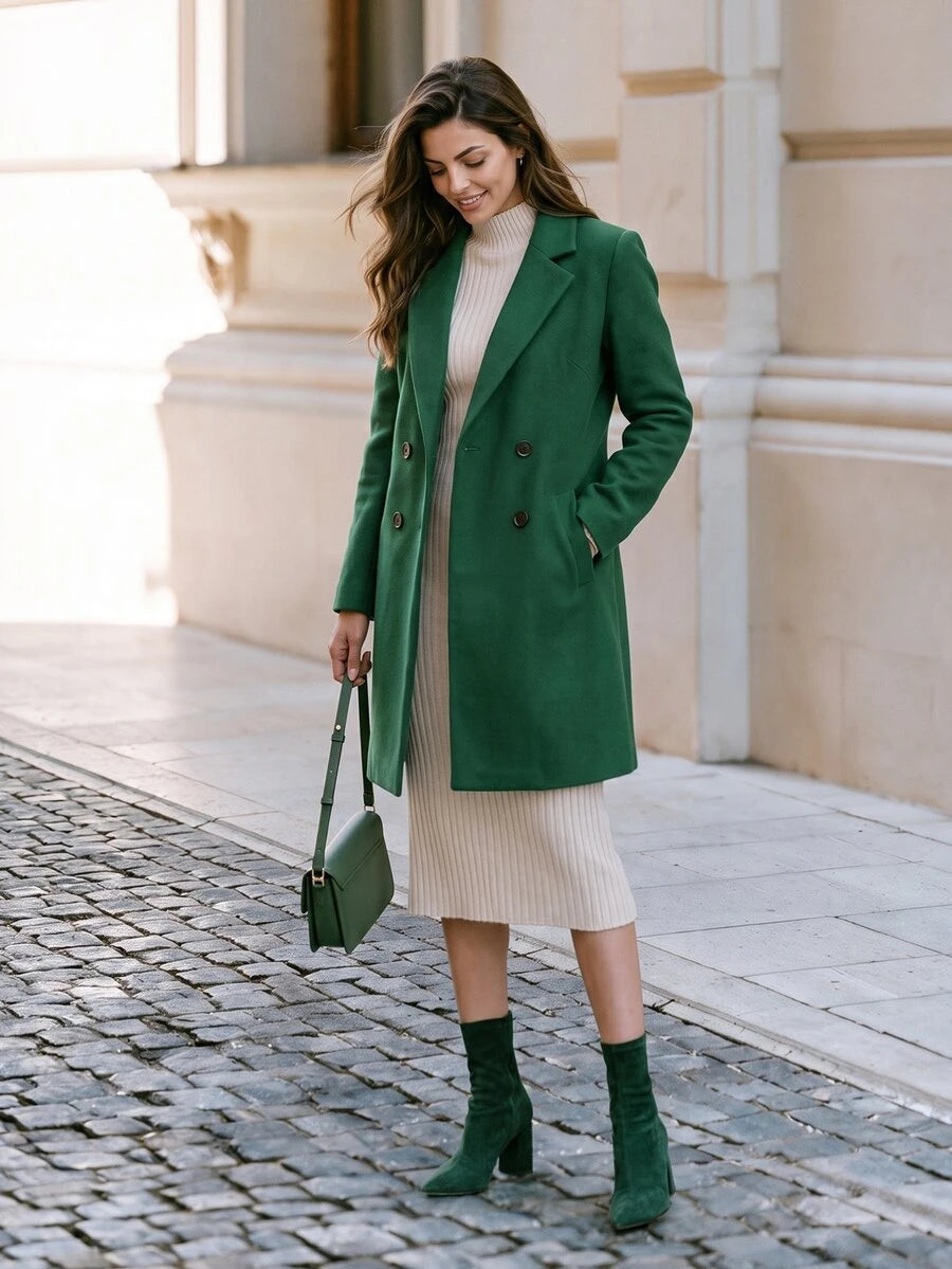 Aveline Double-Breasted Lapel Coat with Tailored Thigh-Length Cut - Dusty Pink