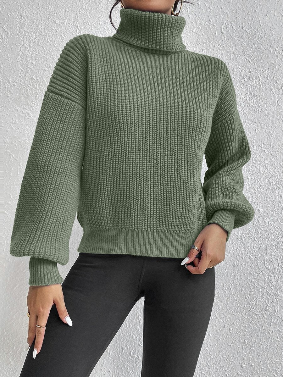 Wilhelmina Rib Knit Turtleneck Drop Shoulder Pullover Sweater - Bold Plum