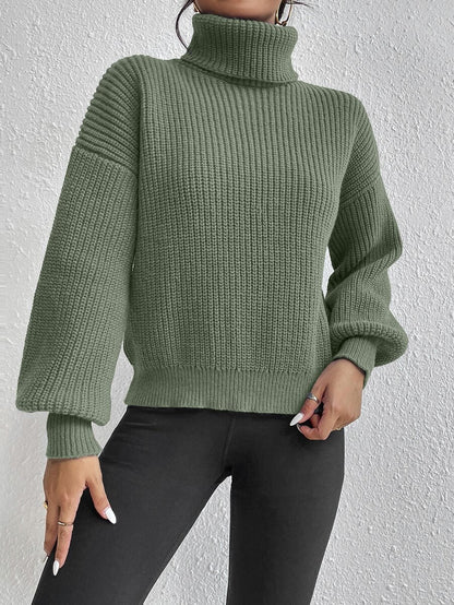 Wilhelmina Rib Knit Turtleneck Drop Shoulder Pullover Sweater - Bold Plum