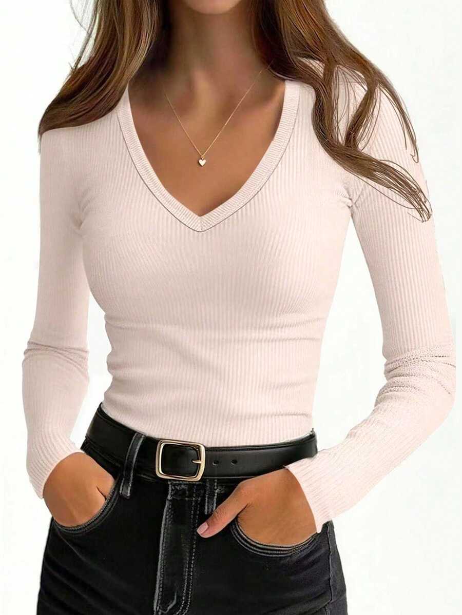 Siena Deep V Neck Ribbed Knit Long Sleeve Fitted Top - Beige