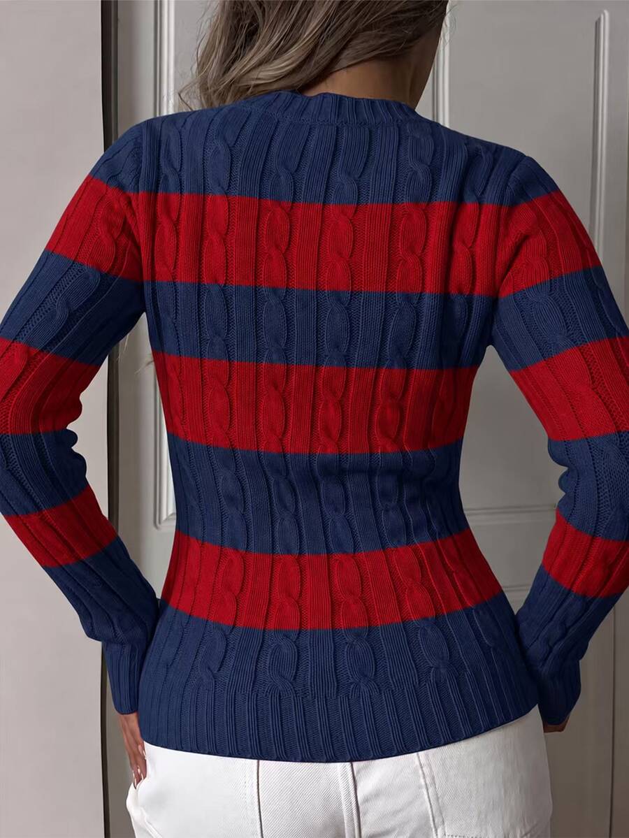 Saskia Slim V Neck Twist Cable Knit Sweater with Contrast Trim - Navy Red Stripe