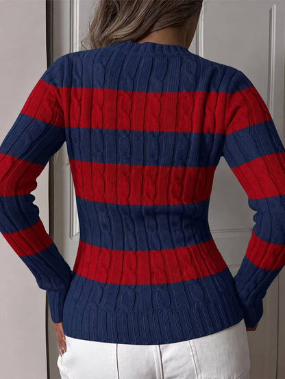 Saskia Slim V Neck Twist Cable Knit Sweater with Contrast Trim - Navy Red Stripe