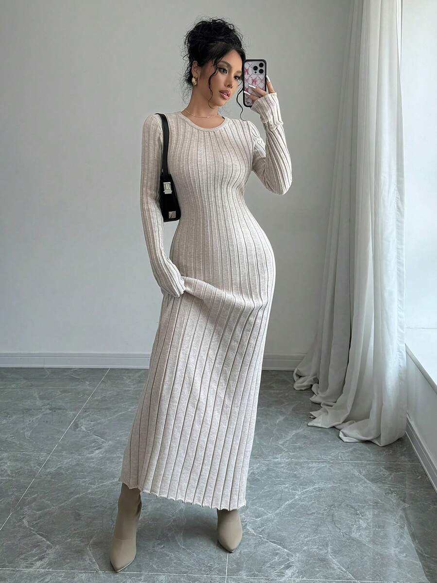 Gdansk Ribbed Knit Crew Neck Bodycon Maxi Sweater Dress