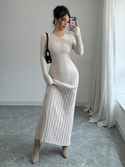 Gdansk Ribbed Knit Crew Neck Bodycon Maxi Sweater Dress