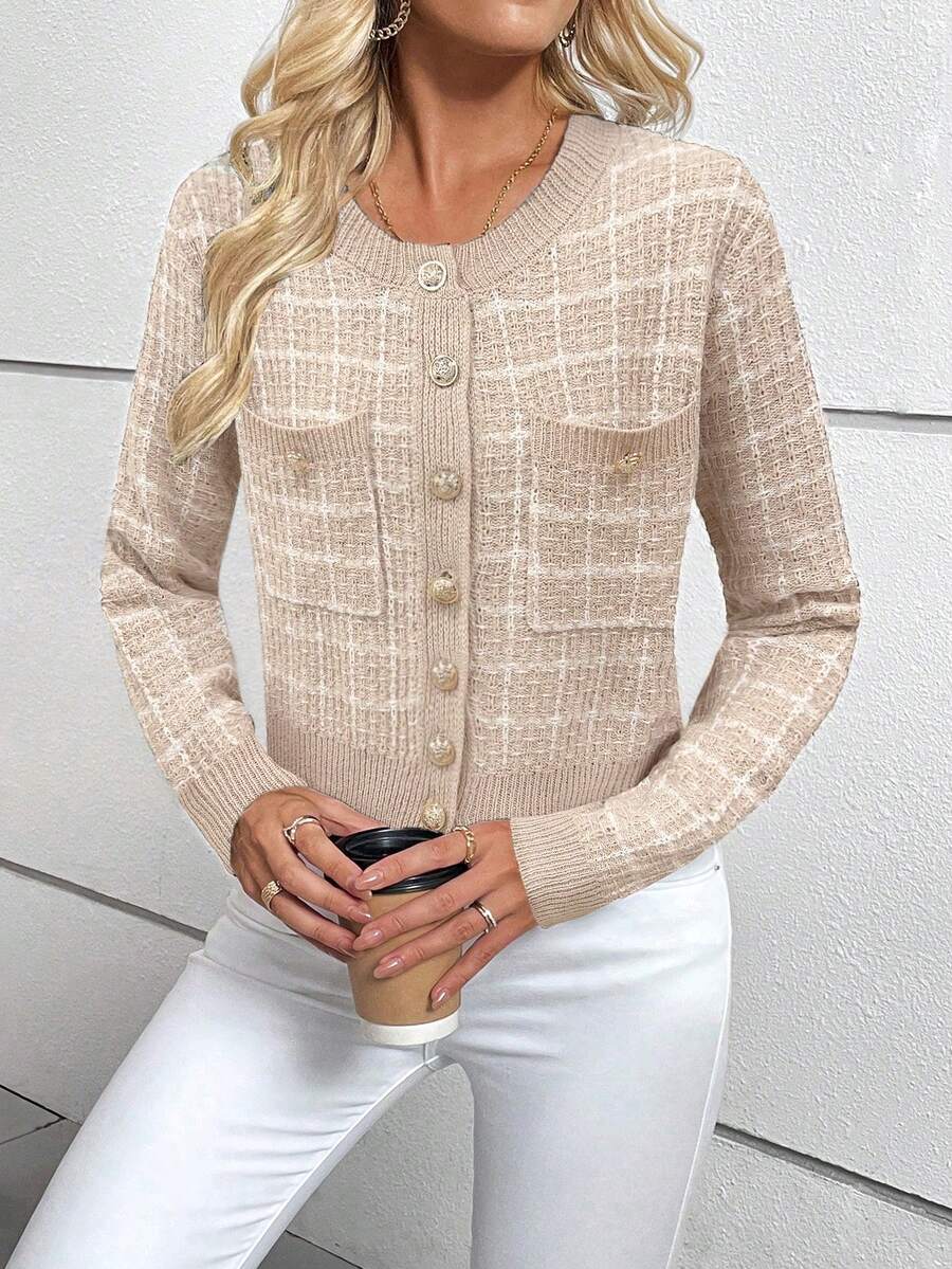 Cheltenham Plaid Tweed Look Cropped Knit Cardigan with Buttons