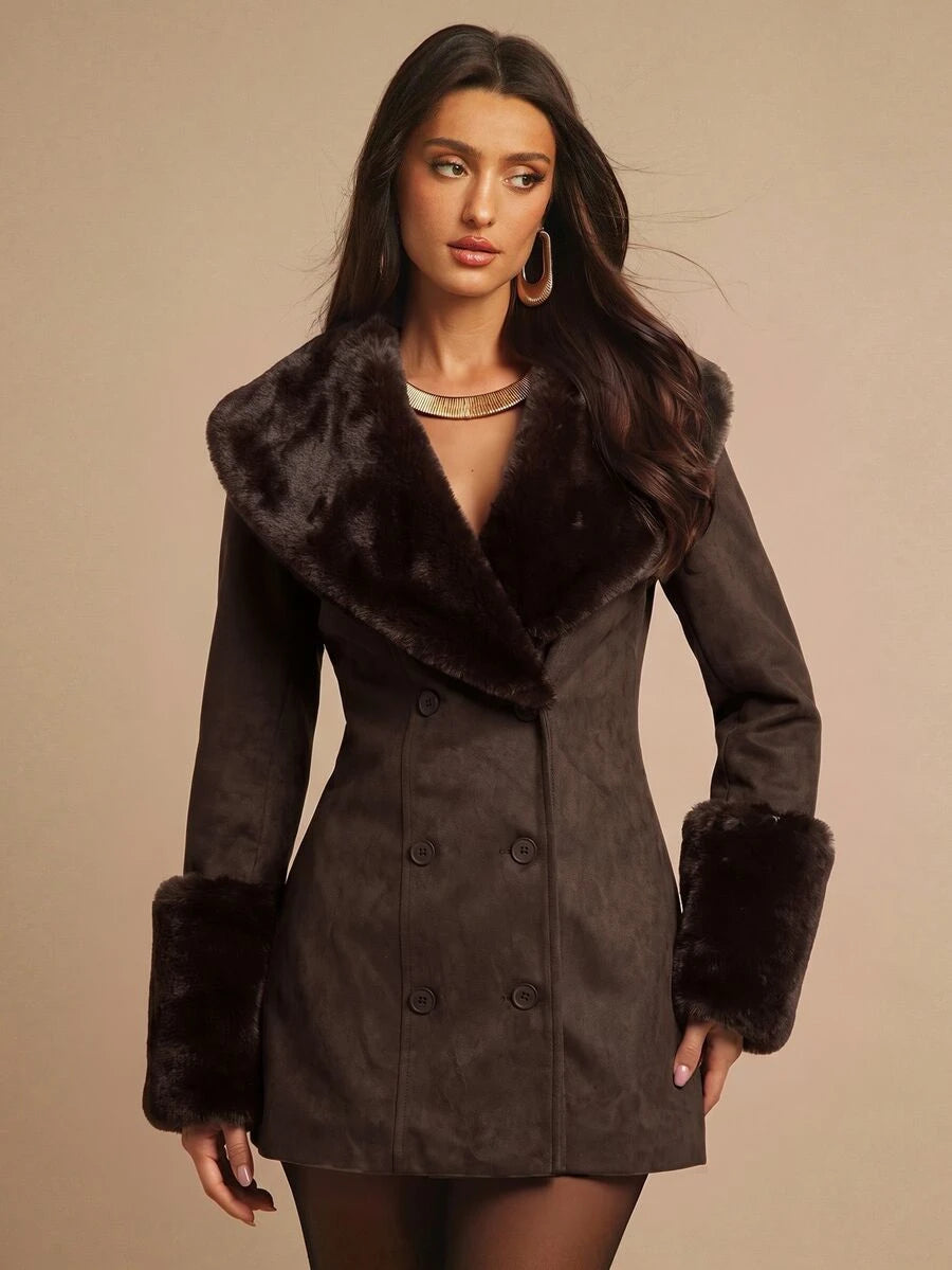 Saint Moritz Faux Fur Collar Double Breasted Faux Leather Jacket