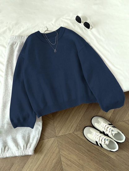 Women's Oversized Crew Neck Pullover Sweater, Relaxed Knit Sweater for Fall Winter - Coffee Brown