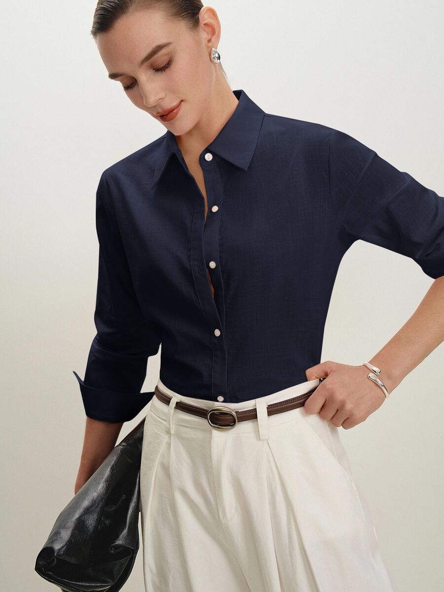 Arabella Classic Collared Button Down Long Sleeve Cotton Shirt - Navy Blue