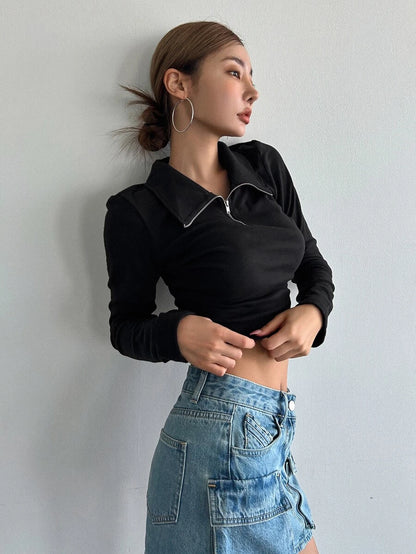 Iris Solid Half Zip Crop Long Sleeve Tee - Black