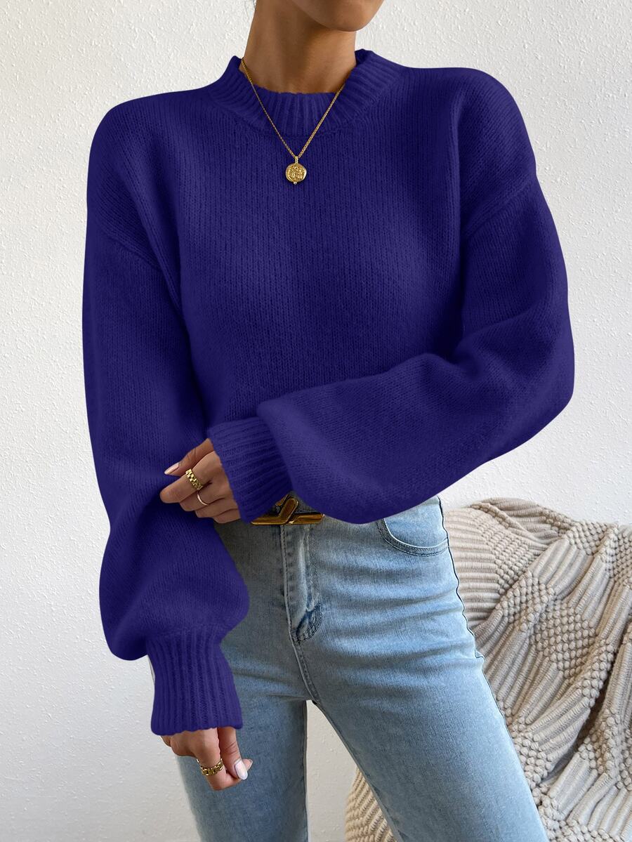 Viola Relaxed Mock Neck Sweater with Drop Shoulders - Indigo