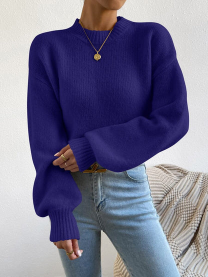 Viola Relaxed Mock Neck Sweater with Drop Shoulders - Indigo